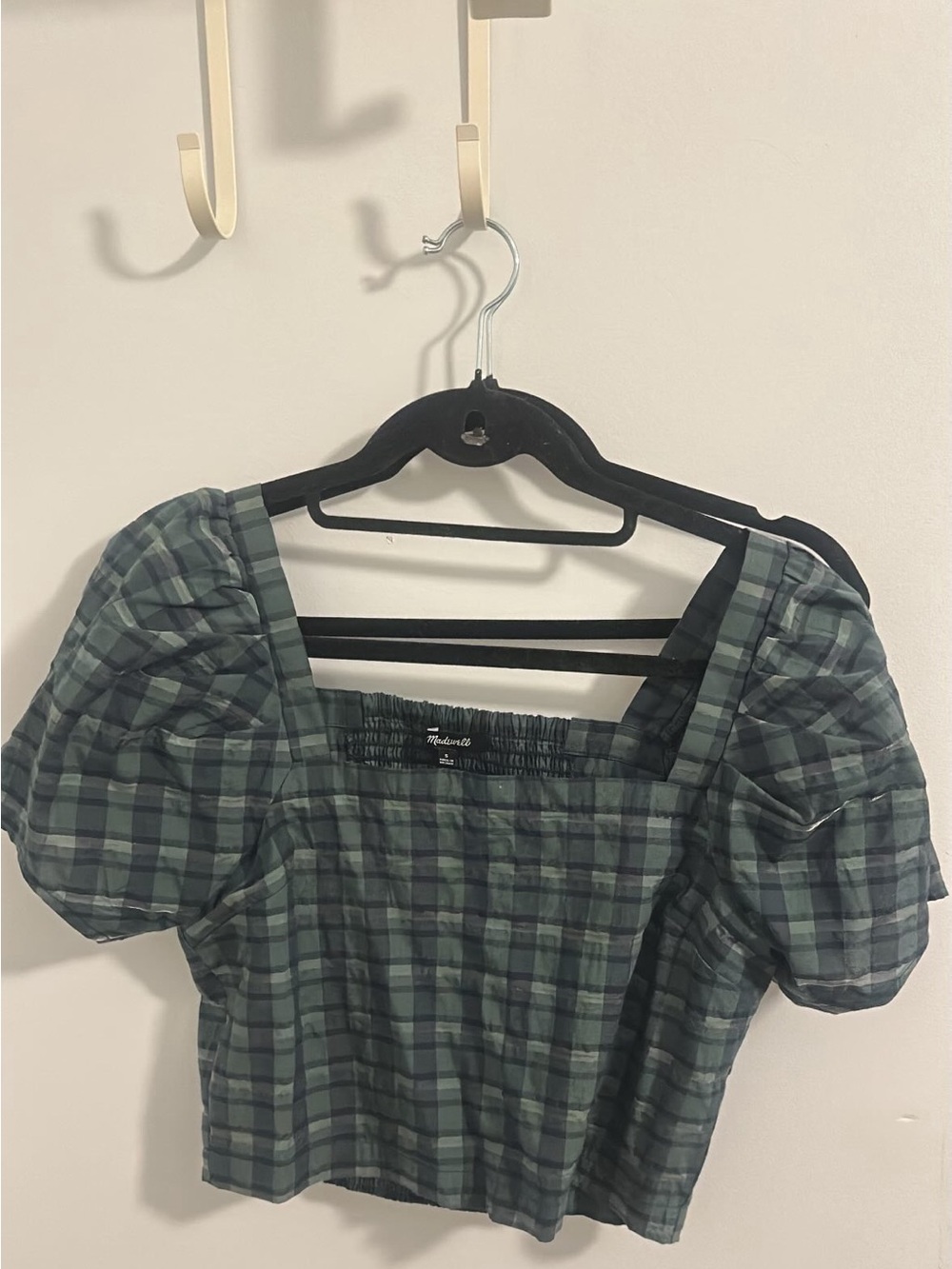 Madewell Green Plaid Puff-Sleeve Square-Neck Crop Top